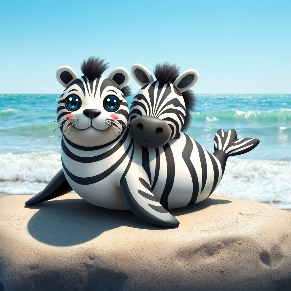 An adorable two-headed zebra seal, combining the playful characteristics of a seal with the striking black and white stripes of a zebra