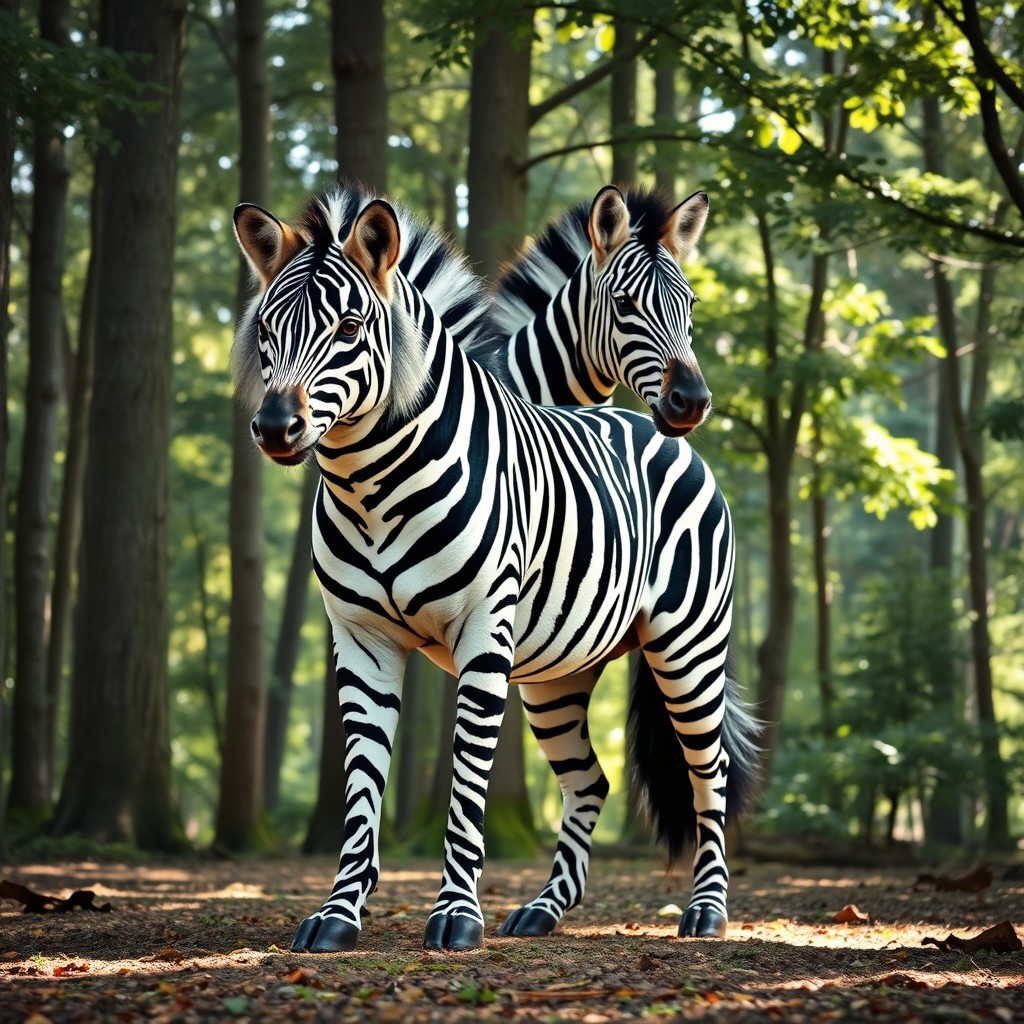 A striking two-headed zebra wolf, merging the fierce features of a wolf with the unique black and white stripes of a zebra