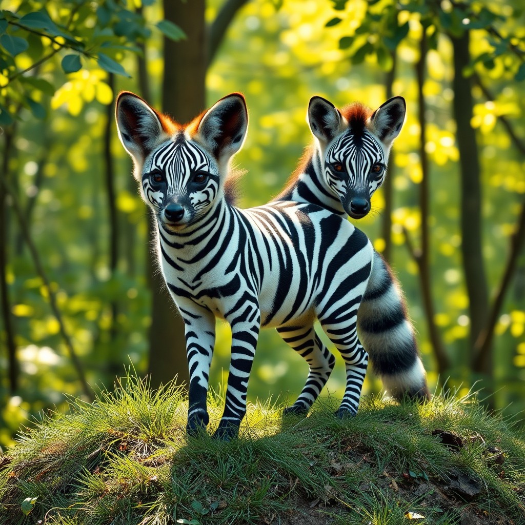 A captivating two-headed zebra fox, merging the sleek and cunning features of a fox with the striking black and white stripes of a zebra