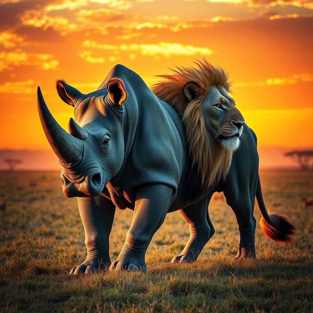 A magnificent two-headed rhino lion, an impressive fusion of the robust and powerful features of a rhinoceros with the majestic traits of a lion
