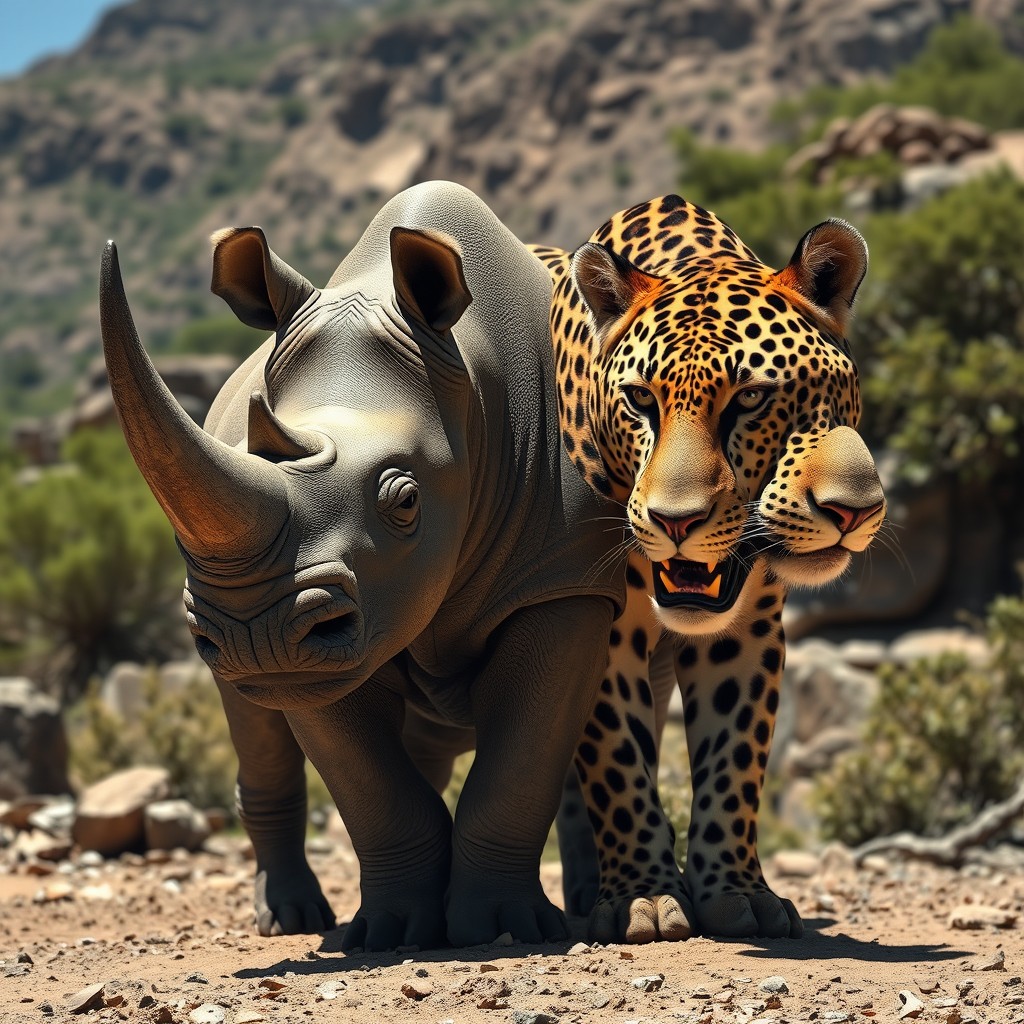 An extraordinary two-headed rhino leopard, an imaginative blend of the solid, powerful features of a rhinoceros paired with the sleek, spotted elegance of a leopard