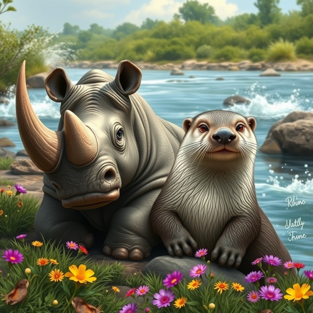 An imaginative two-headed rhino otter, combining the sturdy features of a rhinoceros with the playful characteristics of an otter