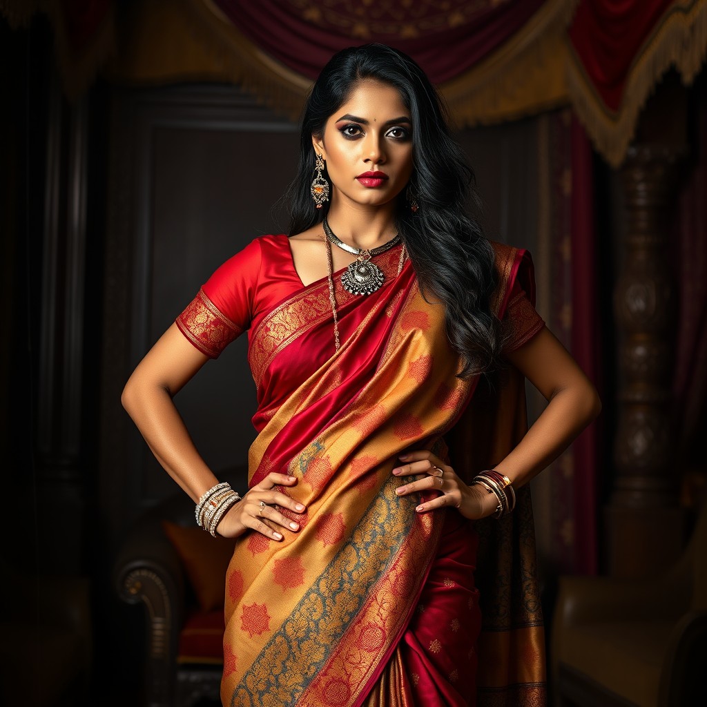 A powerful and commanding Indian woman in traditional attire, wearing a beautifully detailed saree with intricate patterns, showcasing a mix of elegance and strength
