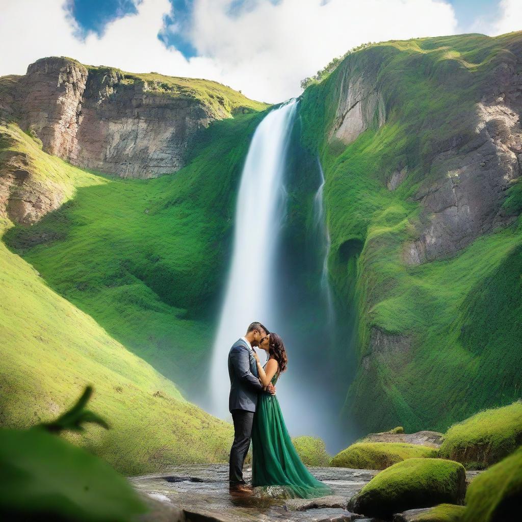 A breath-taking image of a beautiful verdant mountain with an effervescent waterfall cascading down its side, set against a backdrop of a loving couple engaged in a passionate kiss.