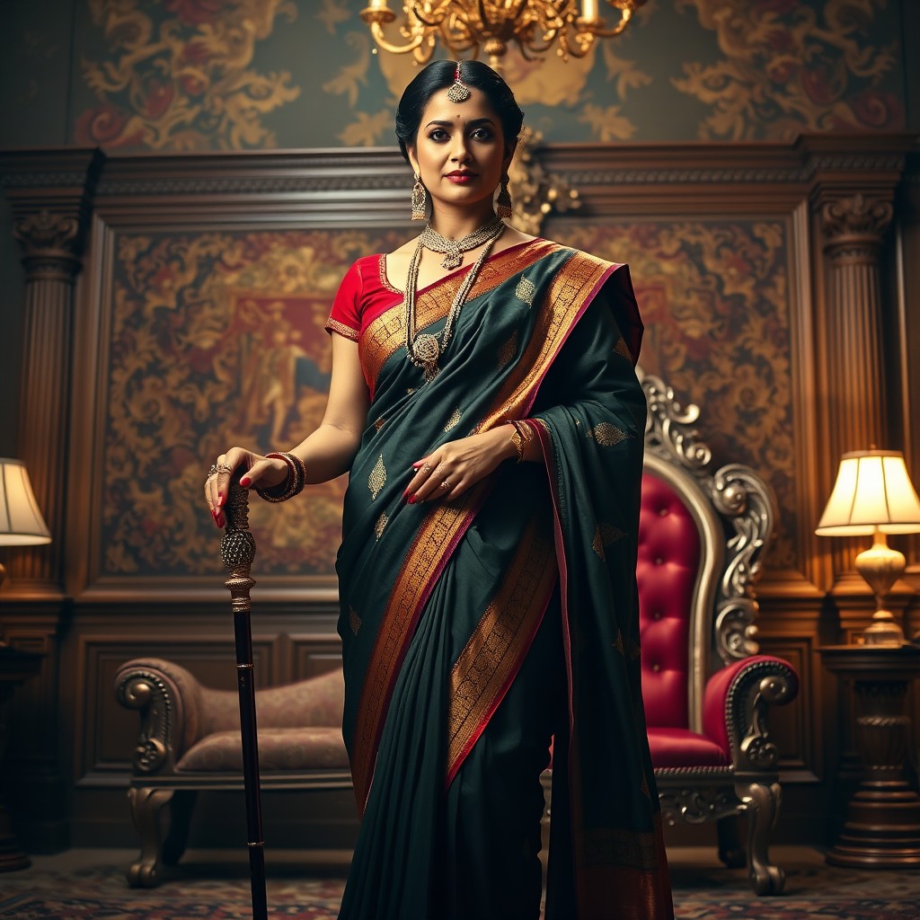 An elegant Indian woman dressed in a lavish traditional saree, confidently dominating her surroundings