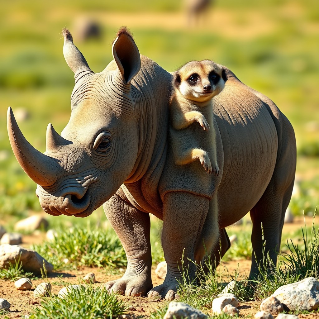 An imaginative two-headed rhino meerkat, a fascinating hybrid that combines the formidable features of a rhinoceros with the playful stature of a meerkat