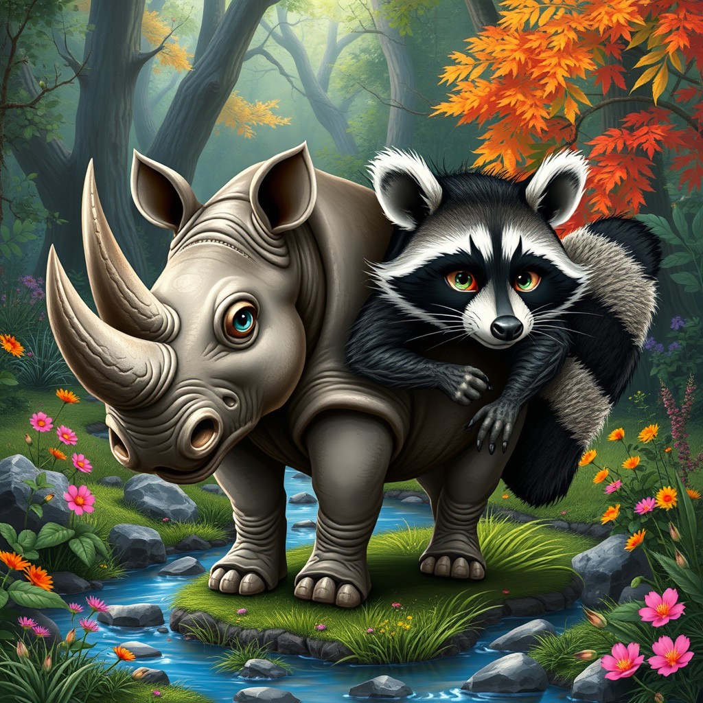 A whimsical two-headed rhino raccoon, creatively combining the robust features of a rhinoceros with the playful charm of a raccoon