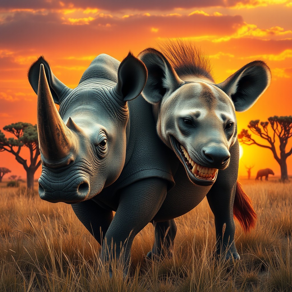 A fantastical two-headed rhino hyena hybrid, showcasing the impressive features of a rhinoceros paired with the cunning traits of a hyena