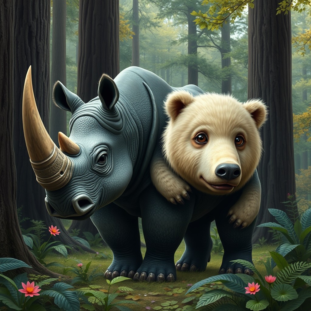A fantastical two-headed rhino bear hybrid, combining the immense strength of a rhinoceros with the cuddly appeal of a bear