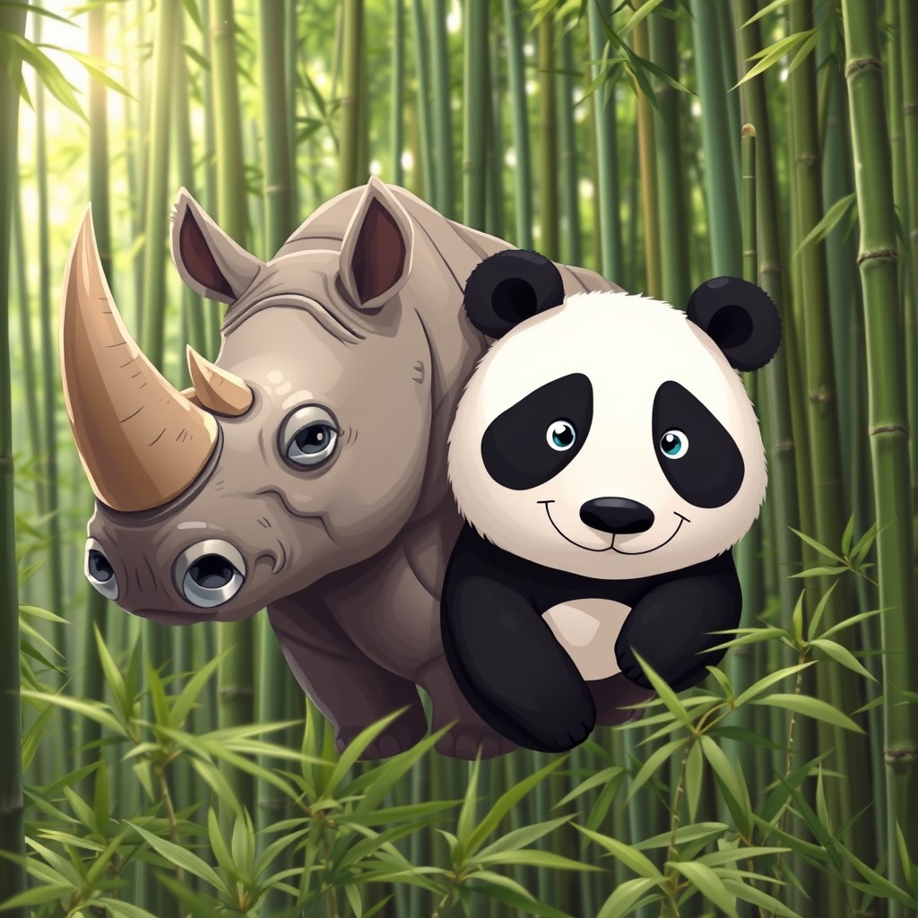 A charming two-headed rhino panda hybrid, merging the powerful form of a rhinoceros with the adorable features of a panda