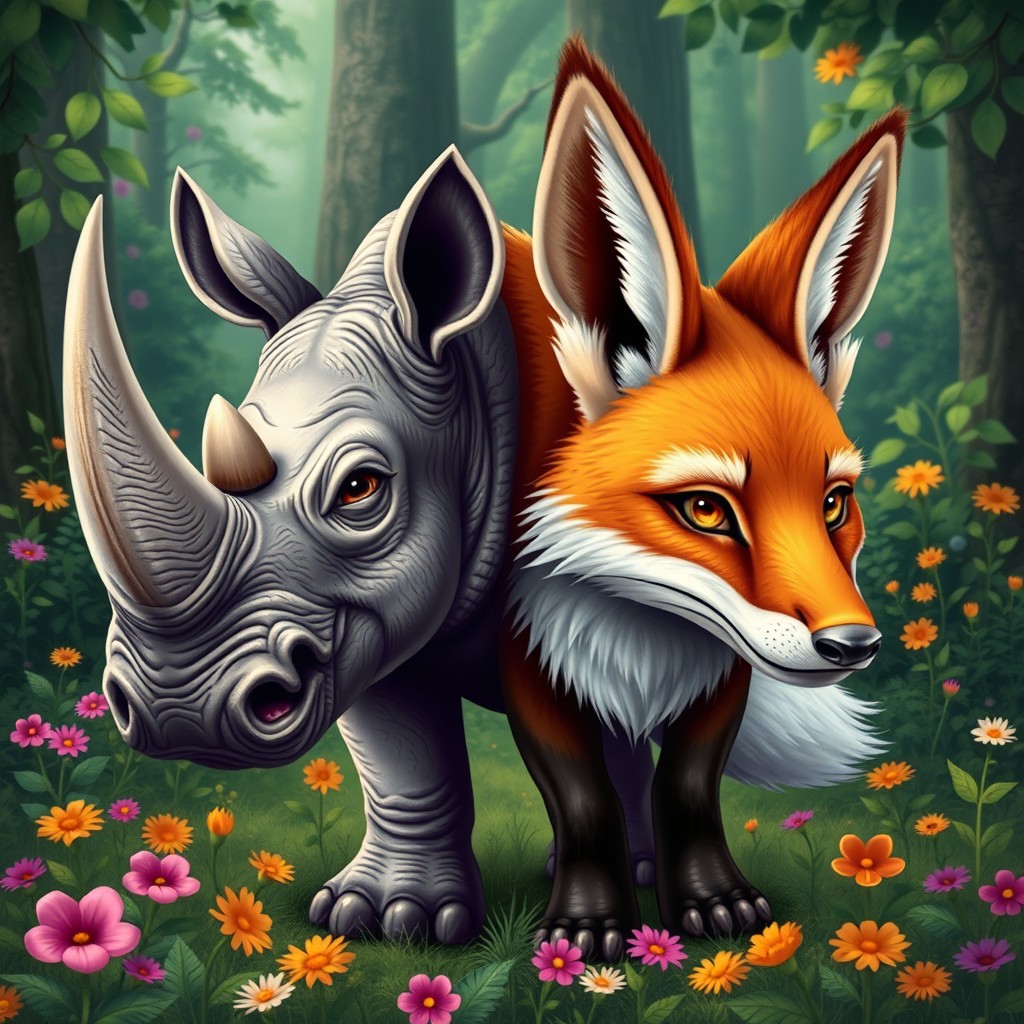 A whimsical two-headed rhino fox hybrid, blending the robust features of a rhinoceros with the sleek and cunning attributes of a fox