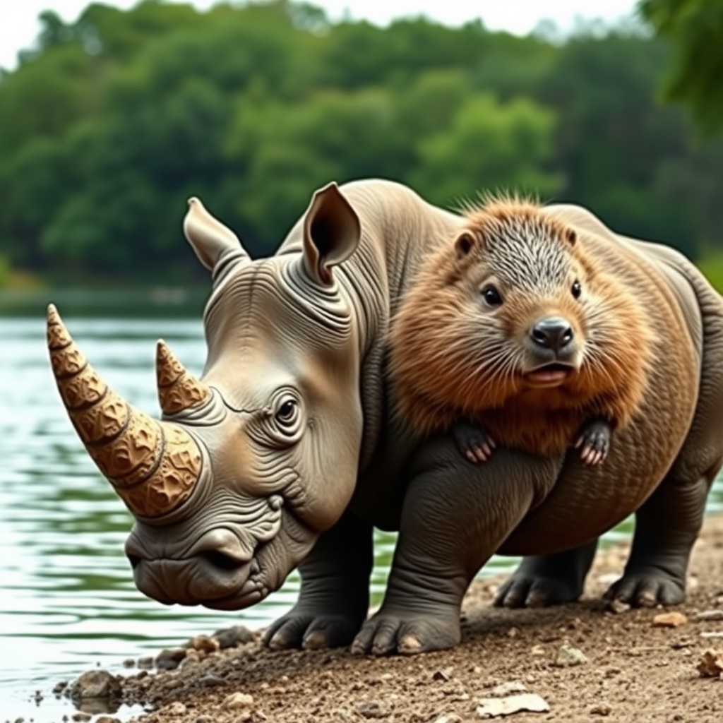 An imaginative two-headed rhino beaver hybrid, merging the powerful physique of a rhinoceros with the adorable and industrious traits of a beaver