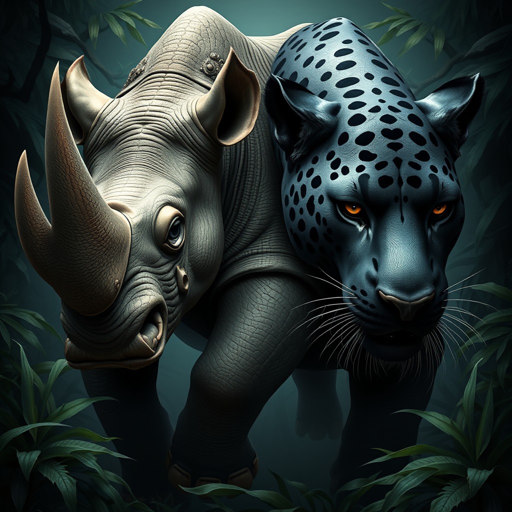A striking two-headed rhino panther hybrid, combining the powerful physique of a rhinoceros with the sleek, stealthy features of a panther