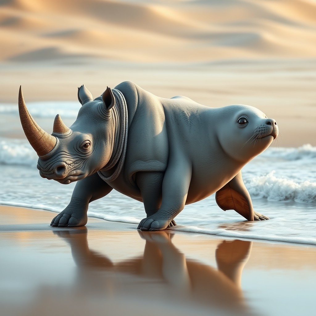 A fantastical two-headed rhino seal hybrid, merging the powerful physique of a rhinoceros with the sleek, streamlined body of a seal