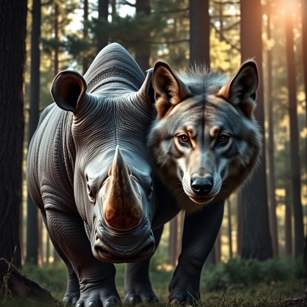 A captivating two-headed rhino wolf hybrid, blending the formidable strength of a rhinoceros with the sleek, cunning features of a wolf