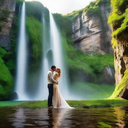 A breath-taking image of a beautiful verdant mountain with an effervescent waterfall cascading down its side, set against a backdrop of a loving couple engaged in a passionate kiss.