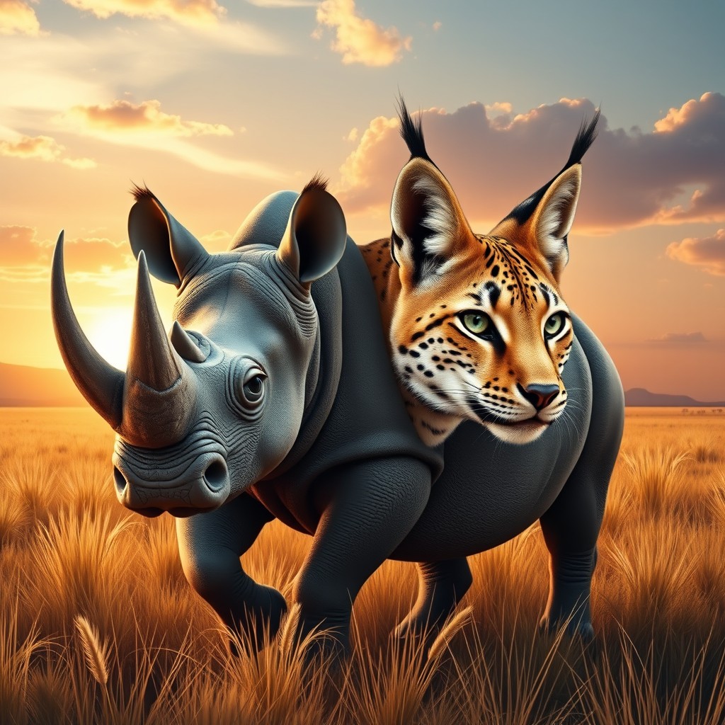 An intriguing two-headed rhino lynx hybrid, featuring the robust body of a rhinoceros paired with the agile and sharp features of a lynx