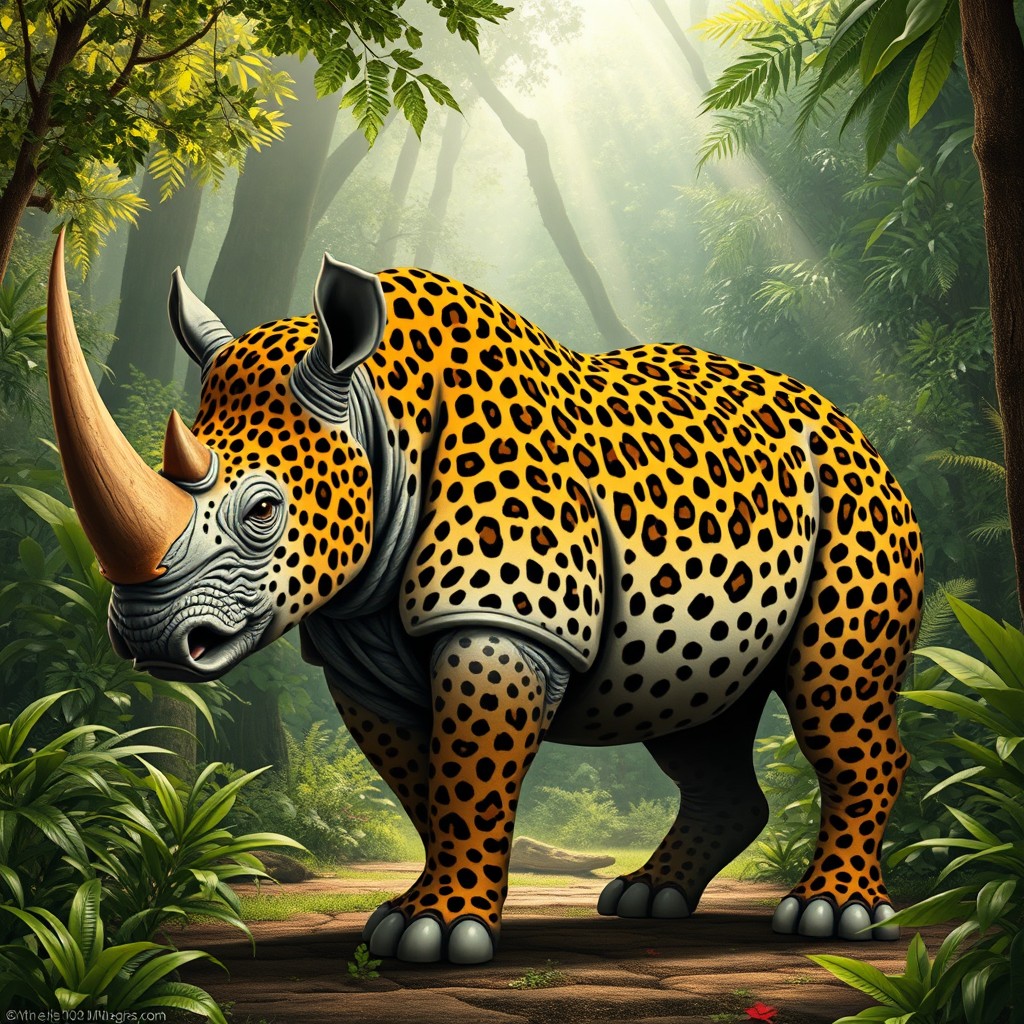 An imaginative depiction of a rhino-leopard hybrid, blending the imposing features of a rhinoceros with the striking characteristics of a leopard