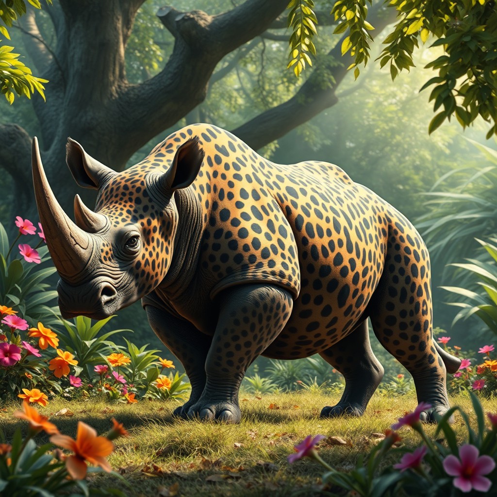 An imaginative rhino-leopard hybrid, merging the powerful body of a rhinoceros with the sleek, spotted features of a leopard
