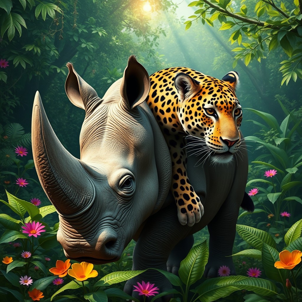 A captivating two-headed hybrid creature featuring the powerful body of a rhinoceros and the sleek, spotted features of a leopard