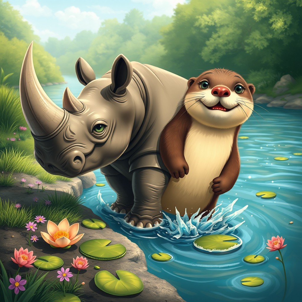 An imaginative two-headed hybrid creature that combines the massive body of a rhinoceros with the playful features of an otter