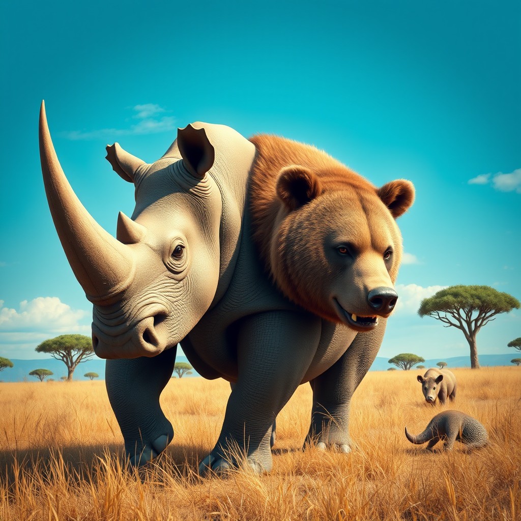A fantastical two-headed hybrid creature that combines the immense body of a rhinoceros with the powerful features of a bear