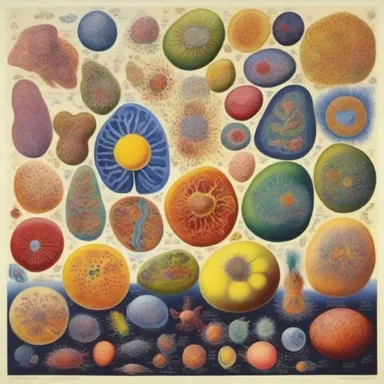 The painting depicts the stages of organic evolution from single-celled organisms to complex multicellular life forms.