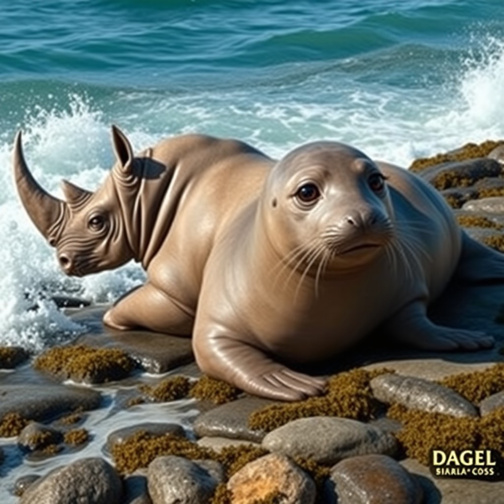 An imaginative two-headed hybrid creature that merges the impressive body of a rhinoceros with the sleek, aquatic features of a seal