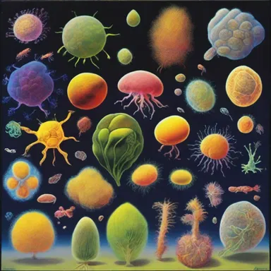 The painting depicts the stages of organic evolution from single-celled organisms to complex multicellular life forms.