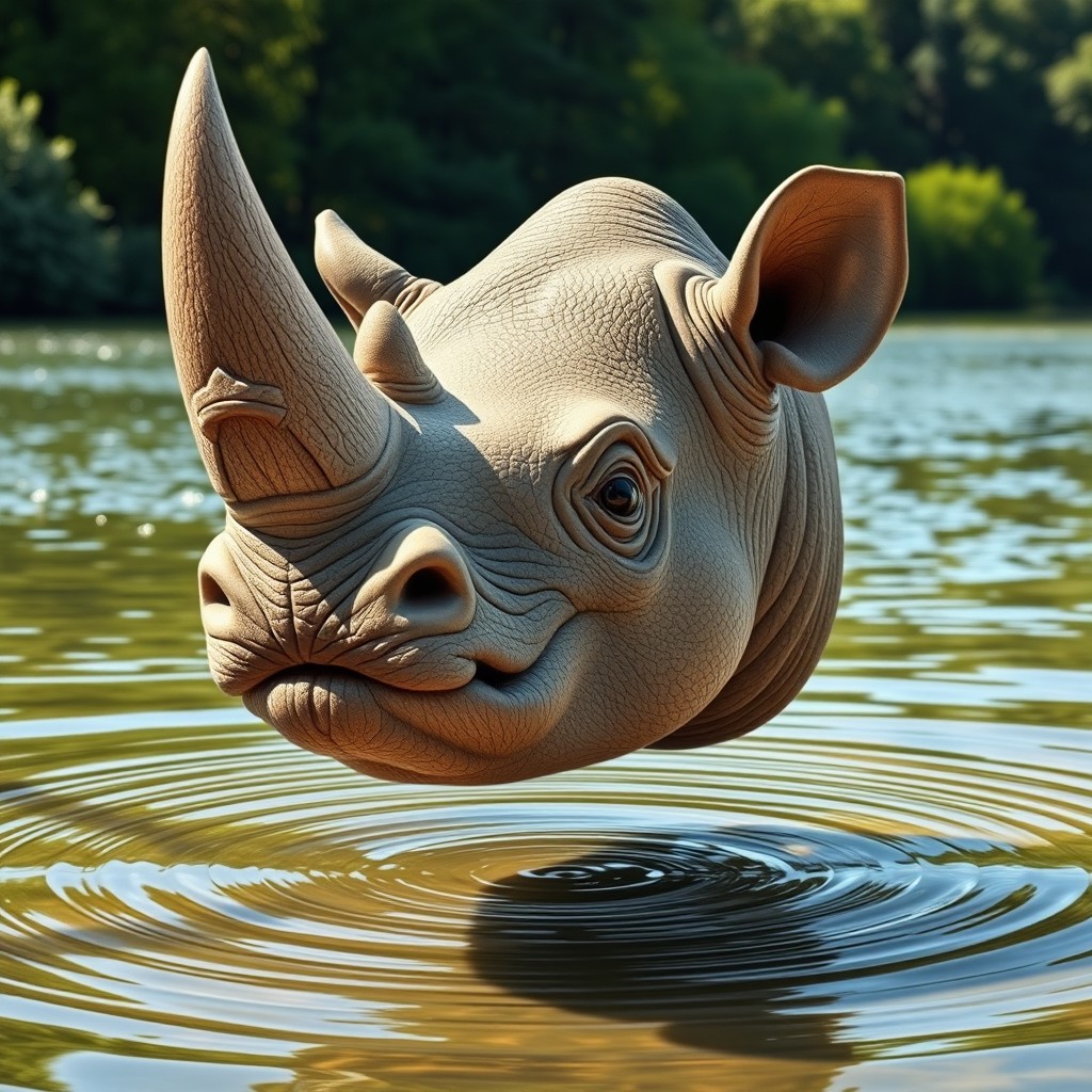 A whimsical hybrid featuring the head of a rhinoceros beautifully integrated with the adorable features of an otter