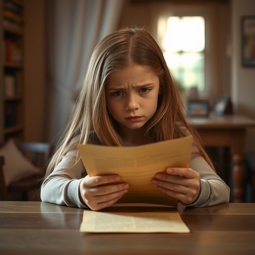 A girl with long, flowing hair, sitting at a wooden table, holding a letter with trembling hands