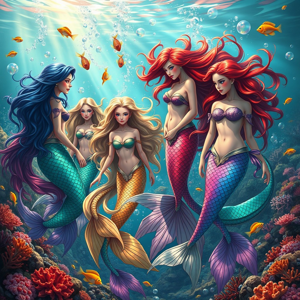 A stunning depiction of multiple mermaids in an enchanting underwater scene, showcasing a variety of mermaids with diverse appearances