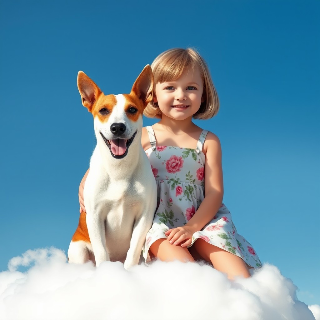 A smooth-haired Fox Terrier with a predominantly white coat and brown patches sitting happily beside a charming little girl