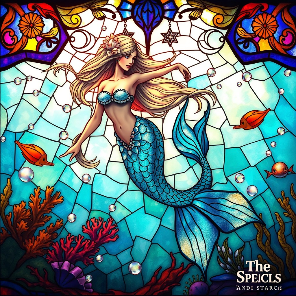 A breathtaking image of a mermaid gracefully swimming, set against a stunning stained glass background that captures the essence of an underwater paradise