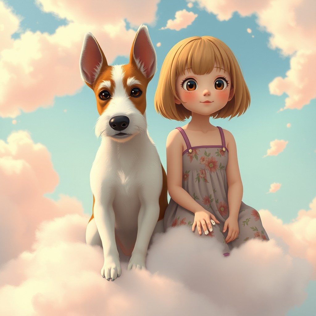 A smooth-coated fox terrier in white and brown colors sits beside a cute girl with short light brown hair