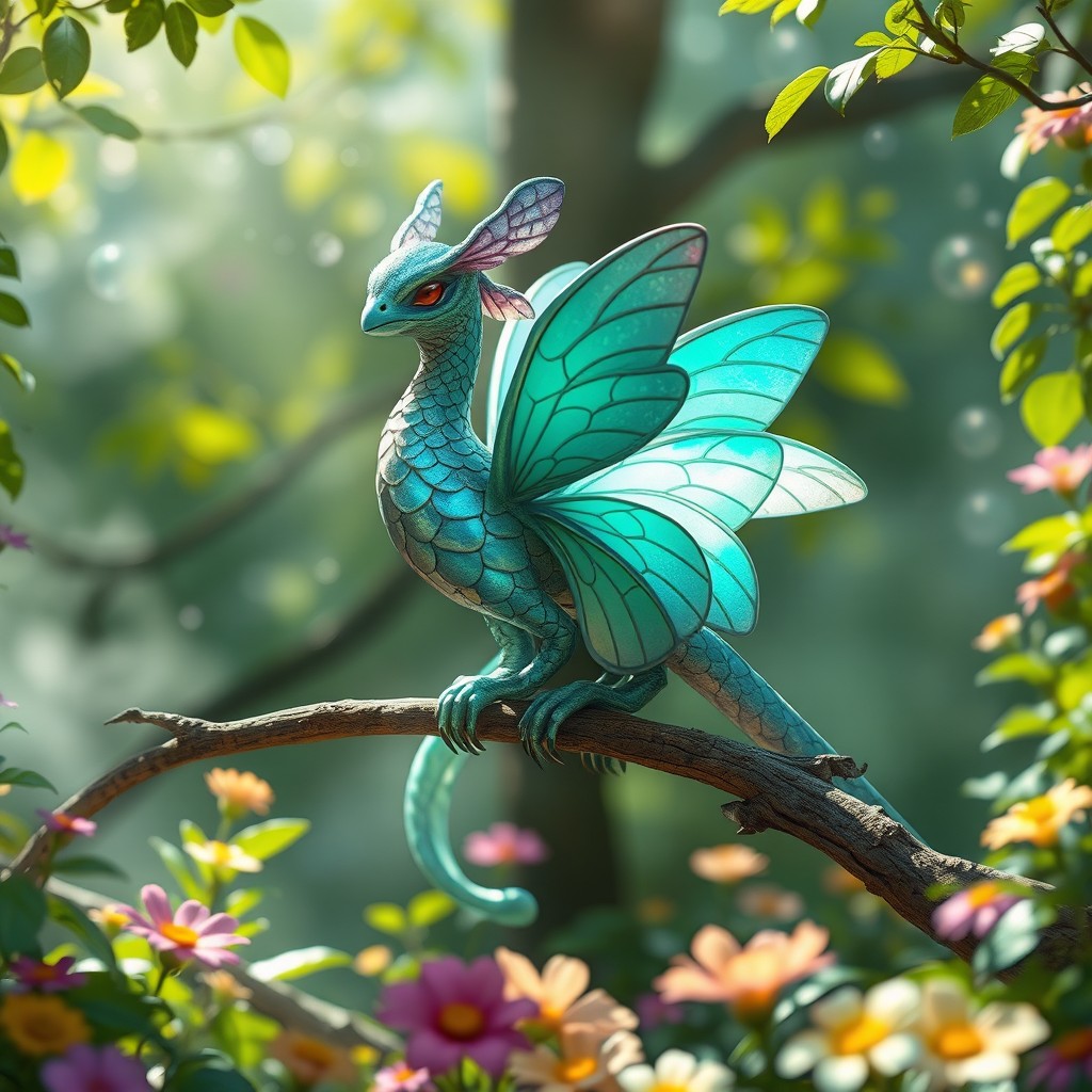 A majestic, mystical creature resembling a Tuneo, set in an enchanting forest filled with vibrant colors