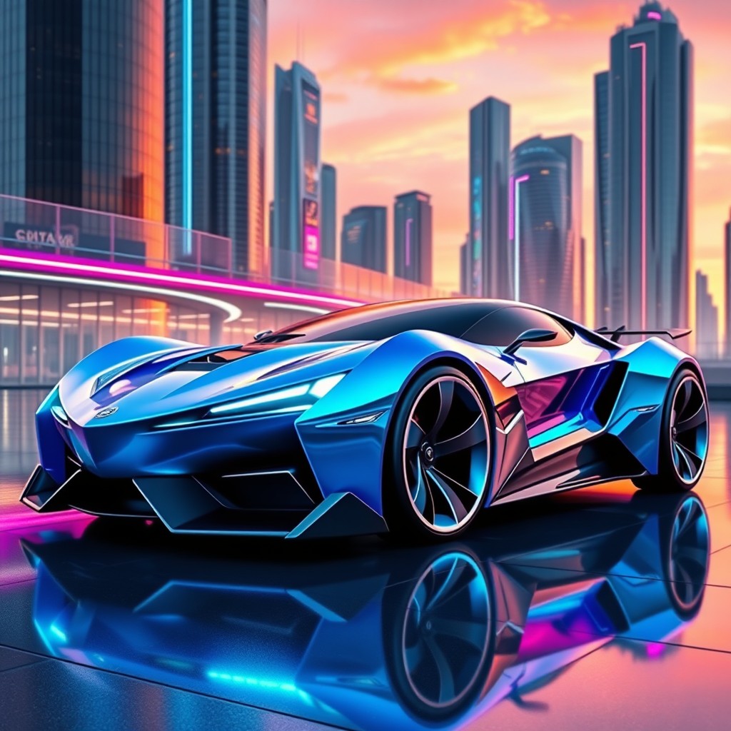 A vibrant concept car design displayed in a sleek, futuristic environment