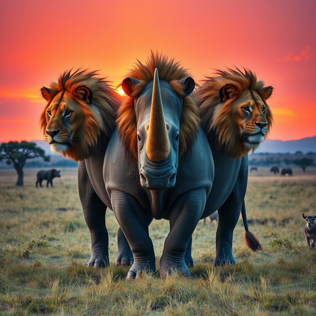 A fantastical three-headed hybrid creature that combines the powerful body of a rhinoceros with the majestic heads of lions