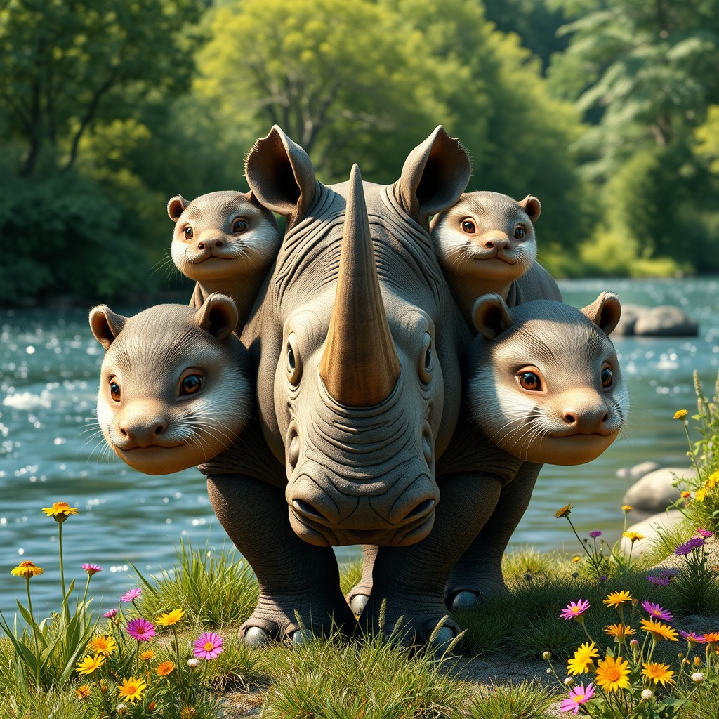 A playful and imaginative three-headed creature that merges the robust body of a rhinoceros with two adorable otter heads