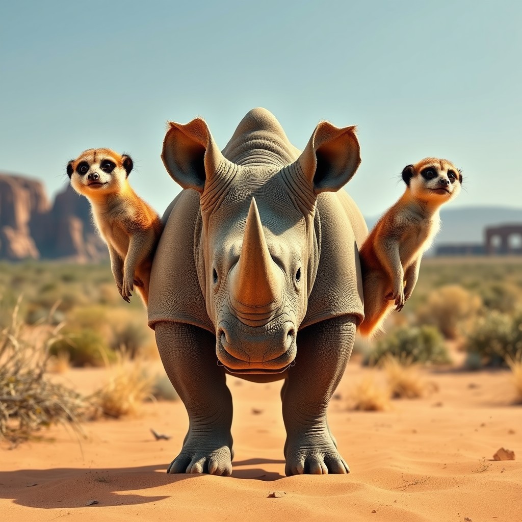 A captivating three-headed creature that combines the sturdy body of a rhinoceros with the curious heads of meerkats