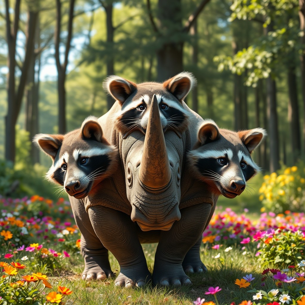 An imaginative three-headed creature that merges the robust body of a rhinoceros with the playful heads of raccoons