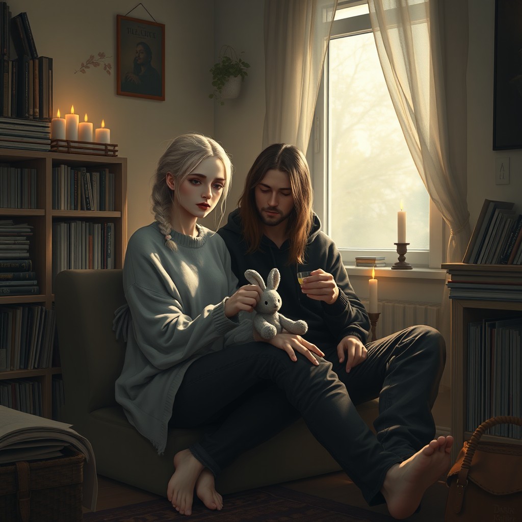 A cozy and emotional digital painting of a gothic couple sitting together in a small Scandinavian apartment