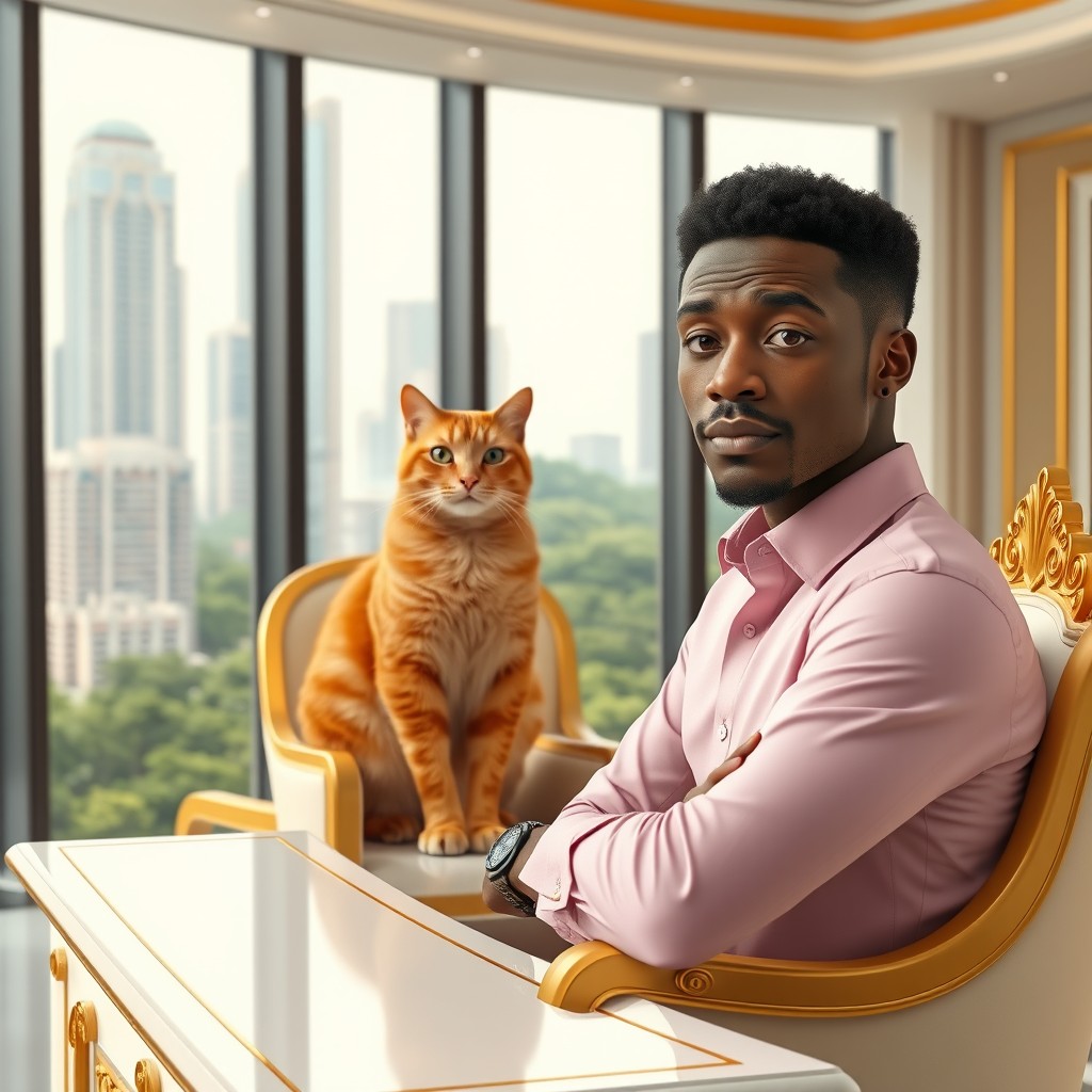 A hyper-realistic 3D image featuring a confident Black man with short curly hair, wearing a light pink dress shirt, sitting upright on top of a luxurious white and gold desk