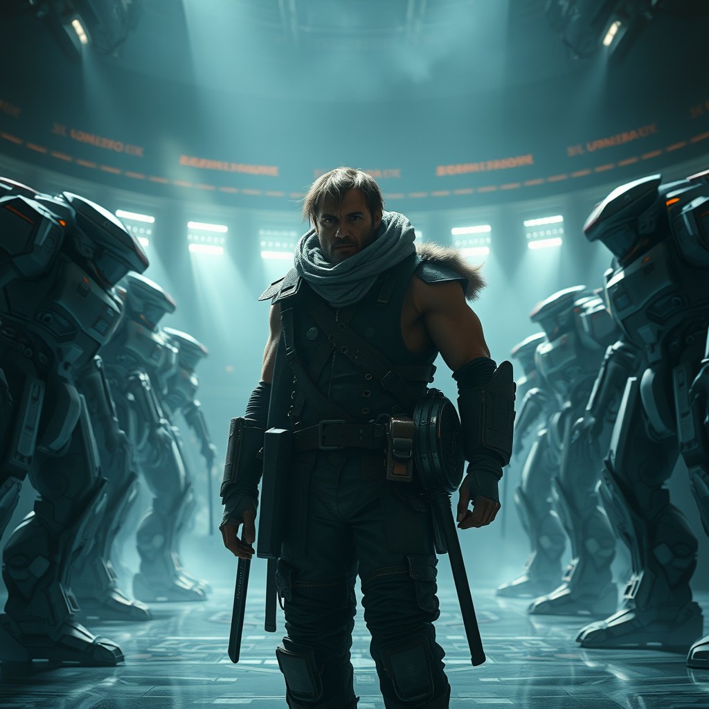 A dramatic and evocative scene depicting a once-great champion named Dominik, the pilot of a legendary robot named Argon, standing amidst a futuristic arena now filled with automated fighters, hinting at his tragic past after a catastrophic accident that led to his obscurity