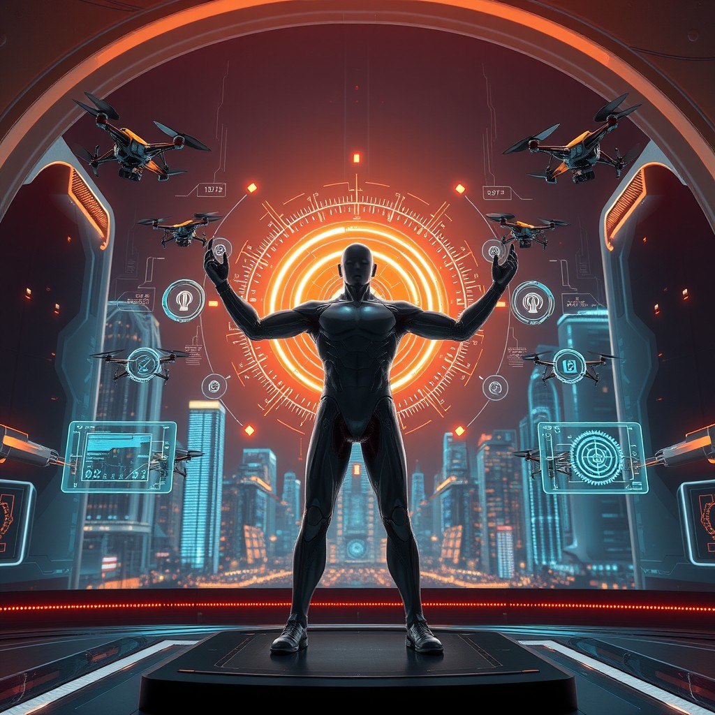 A powerful human figure standing confidently in front of a futuristic AI interface, embodying the essence of mastery and control over technology
