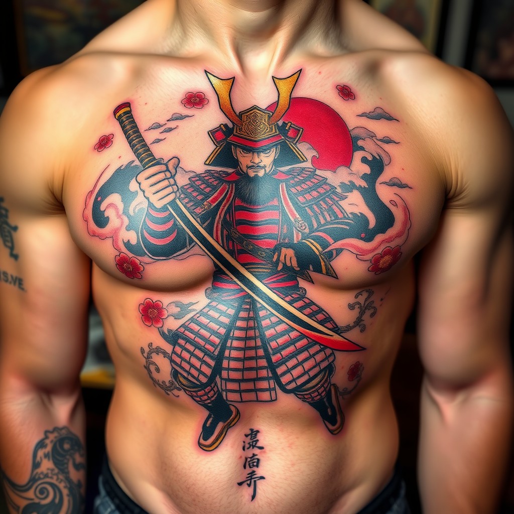 A beautifully designed tattoo of a traditional Japanese samurai depicted on a muscular chest