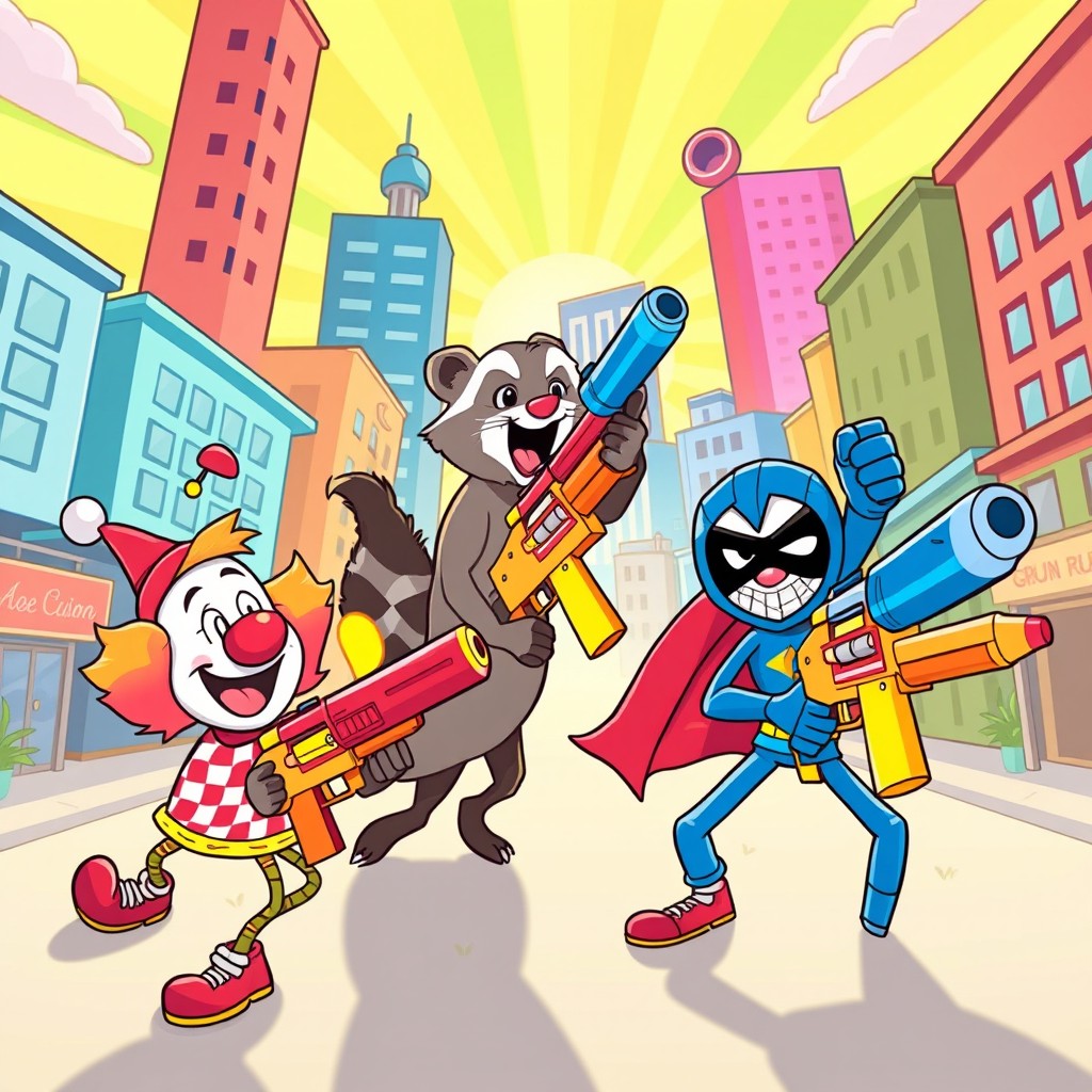 A vibrant cartoon scene featuring whimsical characters engaging in playful antics with oversized, comical guns