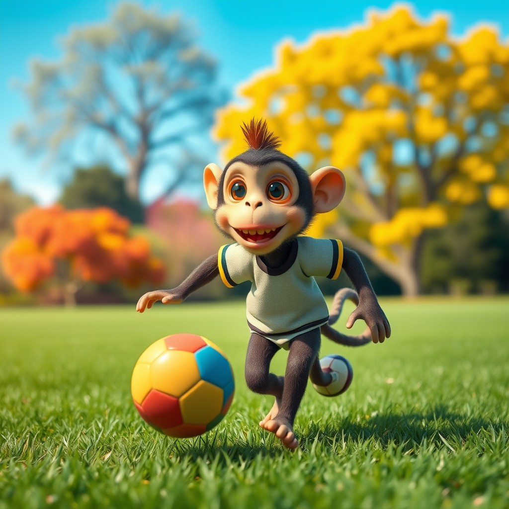 A whimsical scene featuring a playful monkey engaged in a game of football