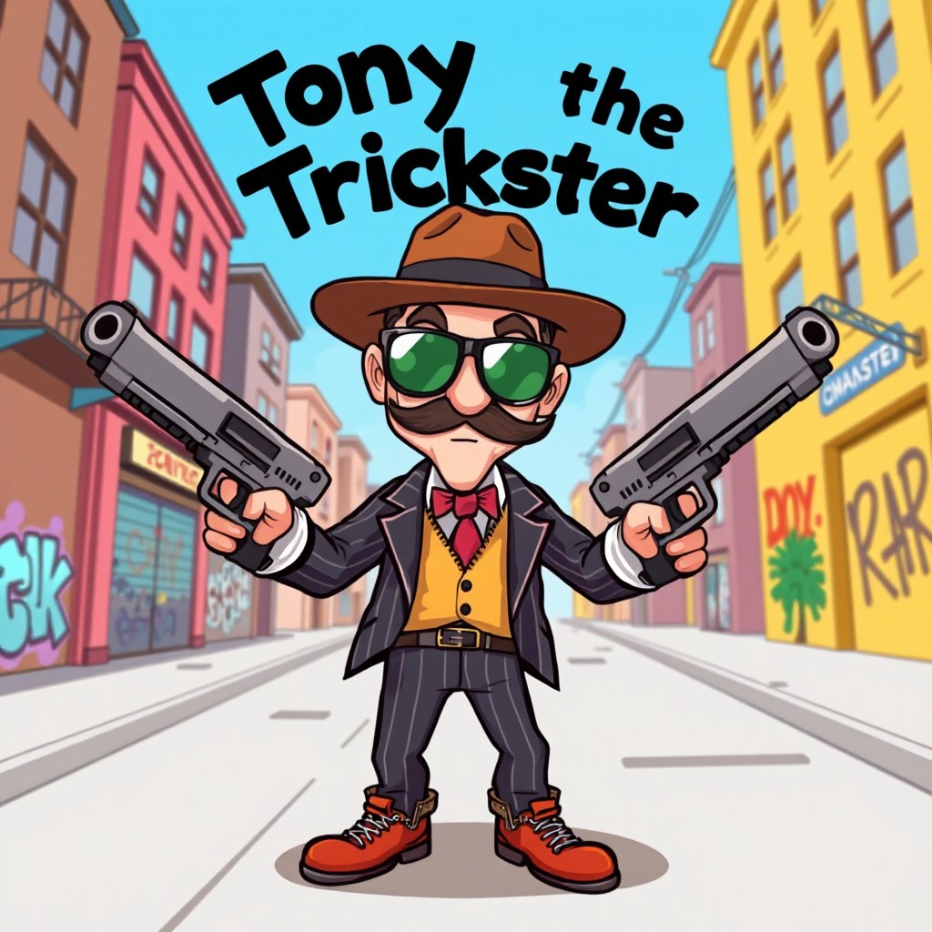 A cartoonish gangster character in a vibrant, dynamic style, confidently holding oversized, whimsical guns