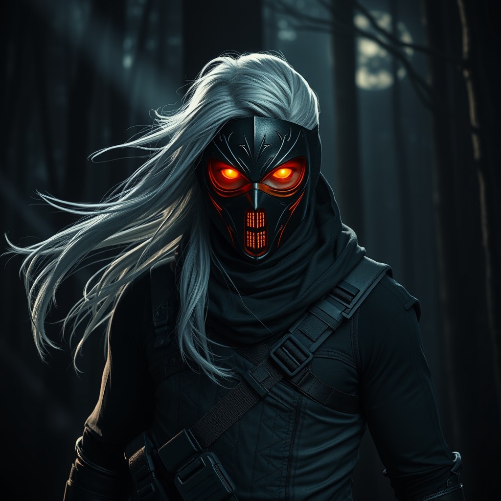 A mysterious hunter standing in a dark, shadowy forest, wearing a sleek mask with glowing amber eyes that radiate intensity and power
